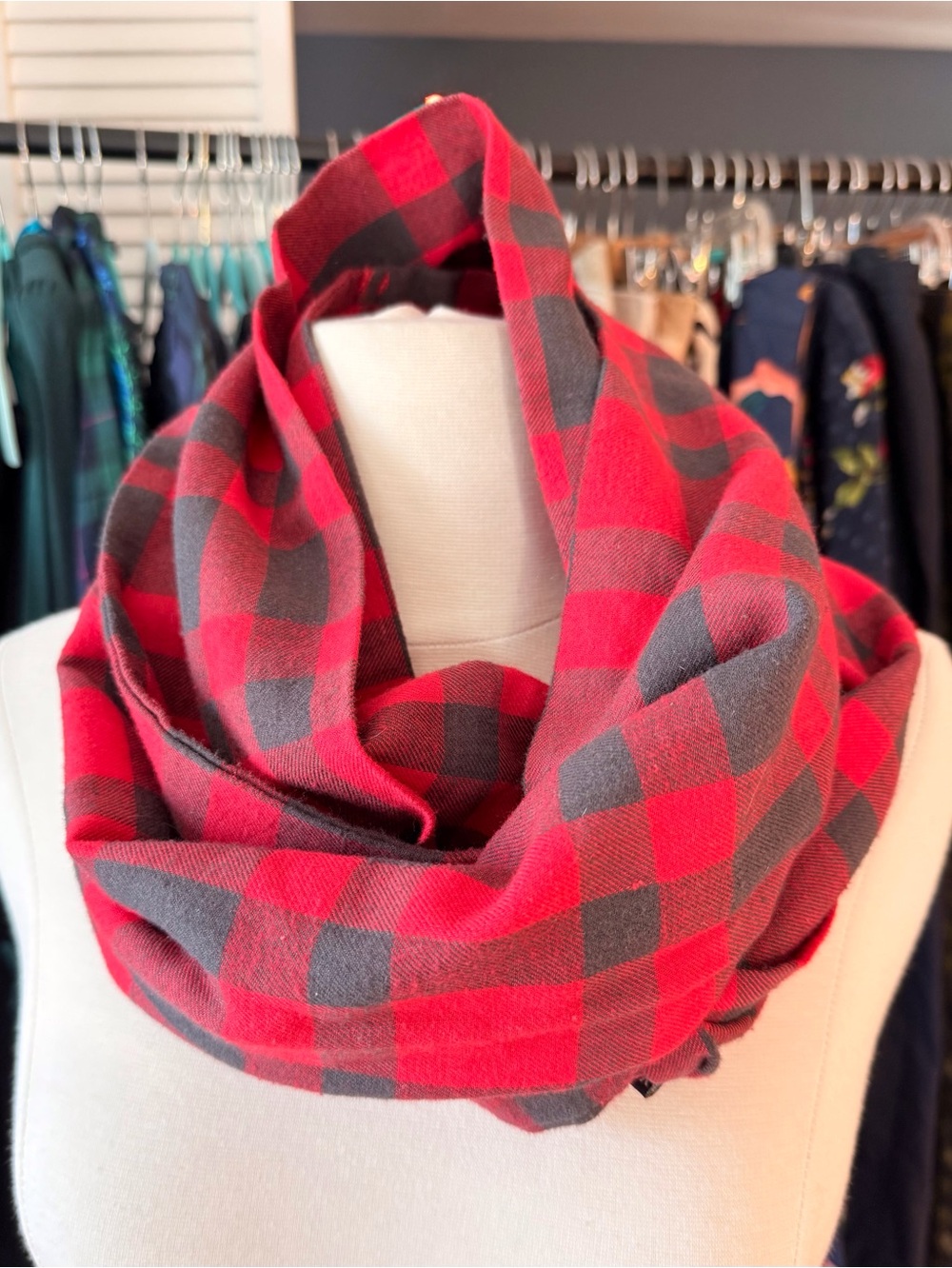 KAVU Flannel Infinity Scarf Red and Gray Buffalo Plaid